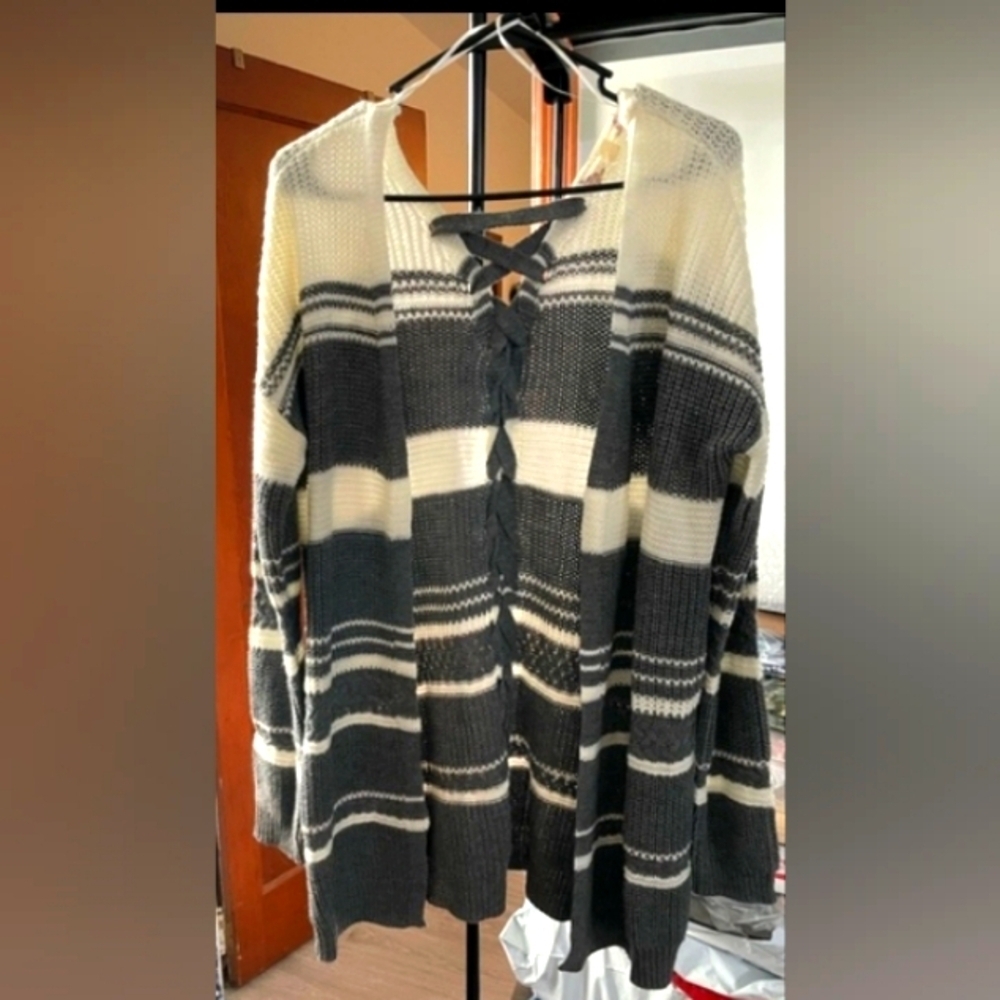 Pink Rose Braided Back Striped Cardigan Women's